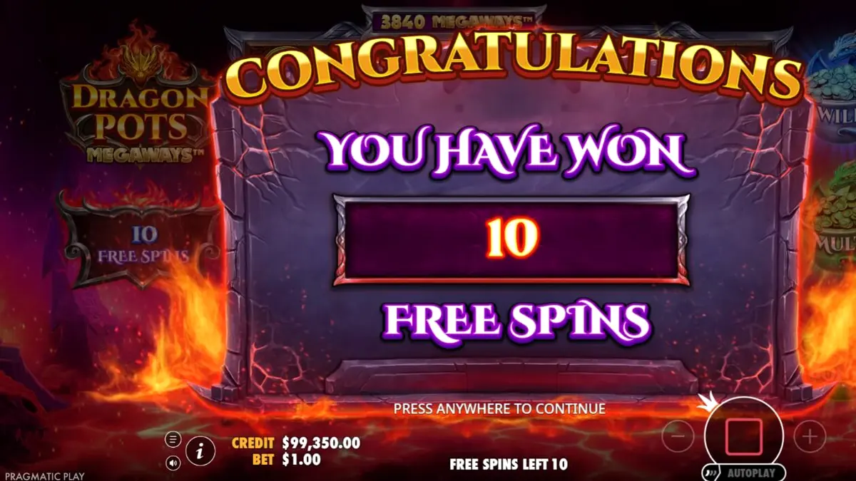 Dragon Pots Megaways slot machine interface featuring dragon theme