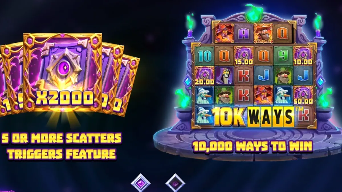 Tampilan visual slot Wizbang Brawl 10K Ways dengan tema penyihir dan duel sihir.