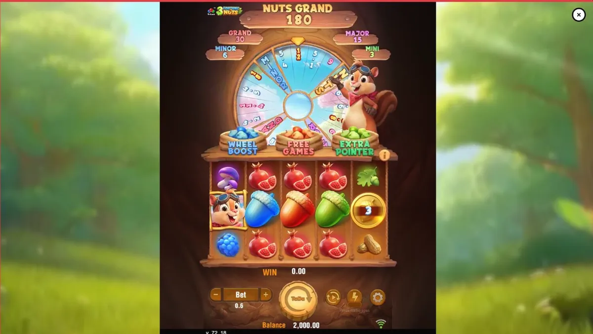 Tampilan visual slot 3 Fortune Nuts dengan tema hutan dan karakter tupai